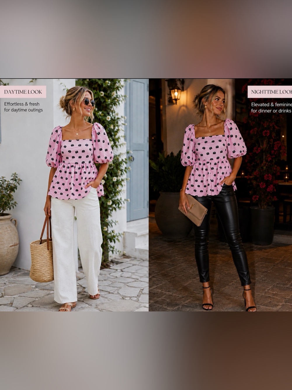 STINE GOYA Pink Puff-Sleeve Square Neck Floral Peplum Top